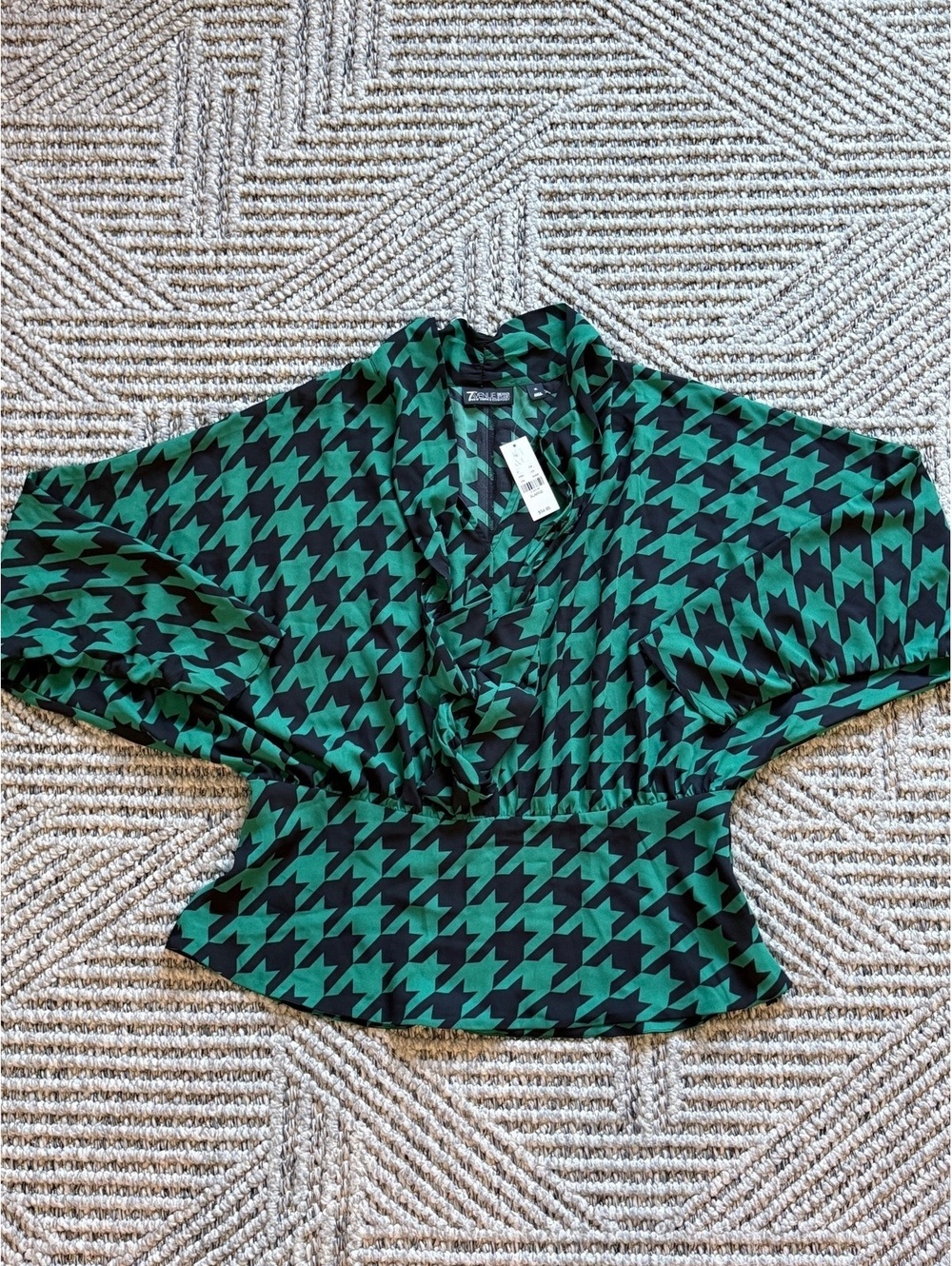 7th Avenue Design Studio Green and Black Houndstooth Blouse XL